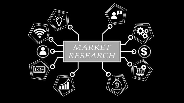 Conceptual visual representation of market research process for business strategy with connected icons on a black background