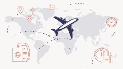 Global Travel Itinerary with Airplane Passport and Luggage.