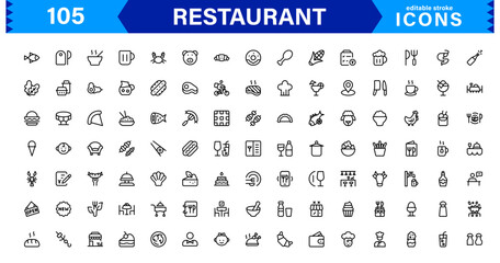 Professional Restaurant Icon Collection Featuring Food, Dining, Chef, Menu, and Kitchen Tools in a Clean, Marketable Vector Format for Stock Use