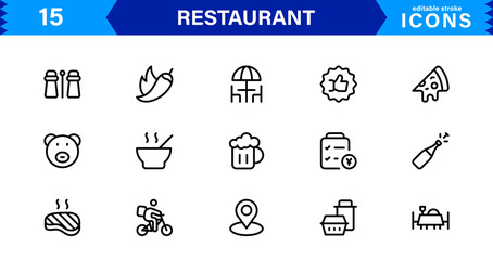 Professional Restaurant Icon Collection Featuring Food, Dining, Chef, Menu, and Kitchen Tools in a Clean, Marketable Vector Format for Stock Use
