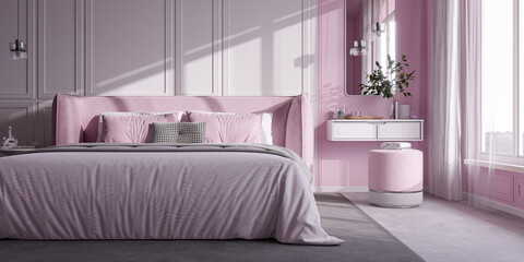 Elegant Pink Bedroom Interior with Modern Minimalist Design 3D Render Architectural Visualization