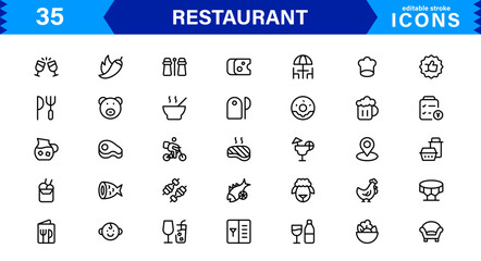 Professional Restaurant Icon Collection Featuring Food, Dining, Chef, Menu, and Kitchen Tools in a Clean, Marketable Vector Format for Stock Use