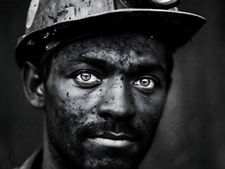 Miner's Portrait: Close-Up of a Worker in a Coal Mine Helmet