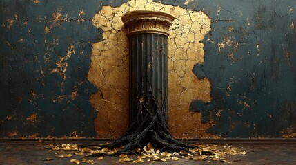 Dark moody antique pillar against a distressed gold wall.