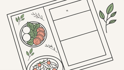 Illustrated meal planner with food drawings and blank sections.