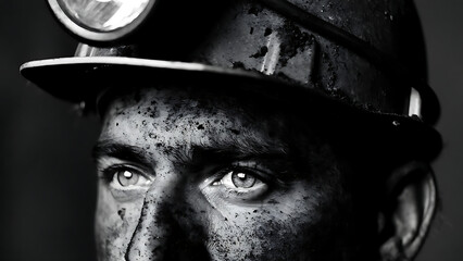 Miner's Portrait: Close-Up of a Worker in a Coal Mine Helmet