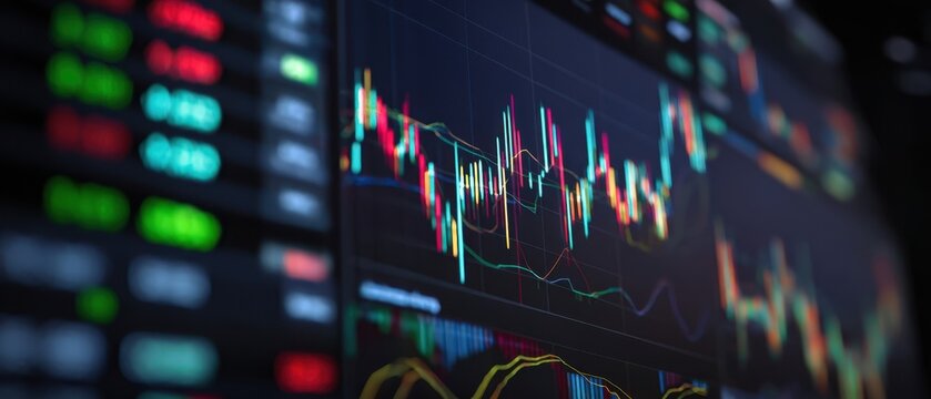 The digital financial markets display with vibrant trading charts and analytics.