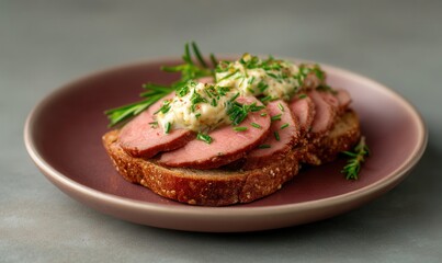 Poached beef tongue served with horseradish cream on burgundy plate against soft gray background