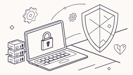 Laptop with Security Shield and Padlock Data Protection Concept.