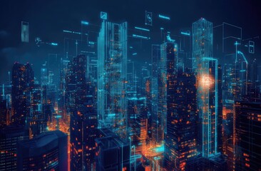 Obraz premium Futuristic city skyline with glowing, interconnected buildings and digital overlays