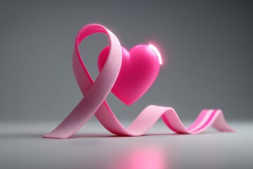 A minimalist 3D render of a pink ribbon looping around a heart, representing unity and breast cancer support.