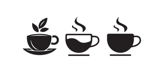 Hot Coffee Mugs, White and Black, Simple Design, tea cups vector icon collection. Cup hot icons design, vector illustration eps 10.