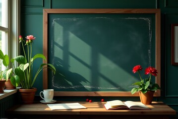 A serene workspace featuring a chalkboard, potted plants, and vibrant flowers, ideal for spring. back to school
