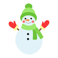 Funny snowman isolated on a white background. Colored icon, vector illustration in a flat style. Cheerful snowman in a green cap and scarf.