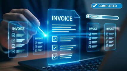 Digital invoice management and electronic document automation for business finance with online payment technology, checklist, completed status, and modern office process management - Powered by Adobe