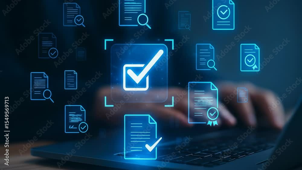 Aufkleber Digital document verification and approval with secure online workflow, glowing check marks, data verification, file management, and efficient digital approval process