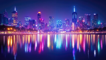 Fototapeta premium Vibrant city skyline at night, reflected in water