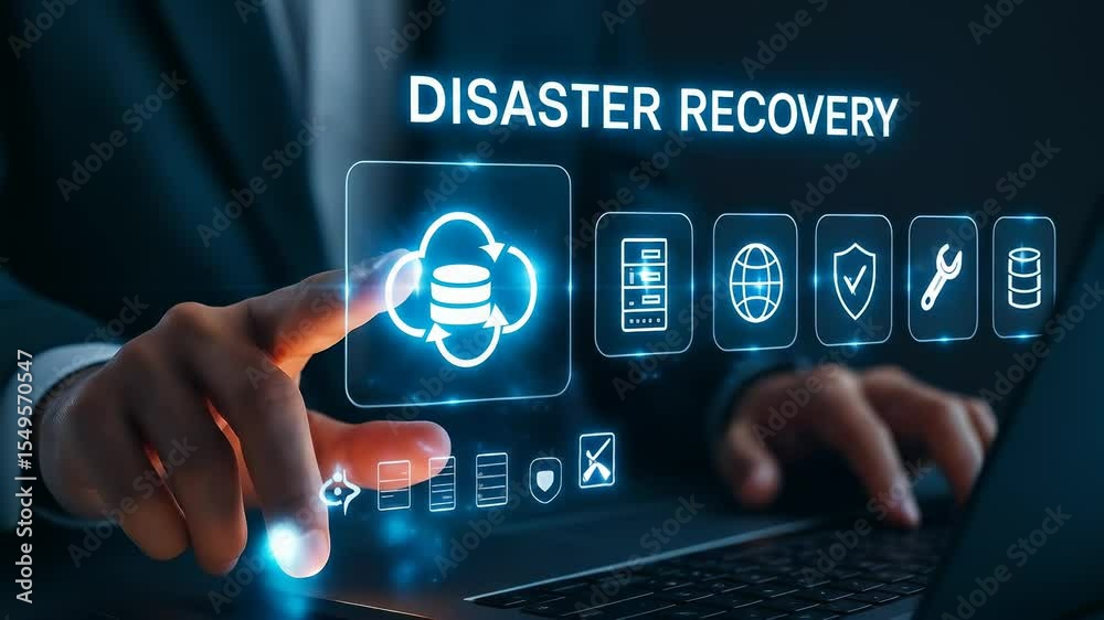Poster Disaster recovery, data backup, cloud computing, cybersecurity, business continuity, technology, IT support, and network protection concept with person interacting with digital interface