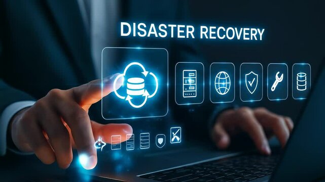 Disaster recovery, data backup, cloud computing, cybersecurity, business continuity, technology, IT support, and network protection concept with person interacting with digital interface