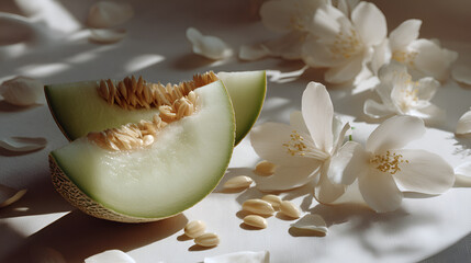 Fototapeta premium Still life with melon slices and white flowers, capturing the essence of freshness and summer delight.