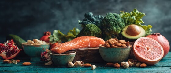 The vibrant assortment of healthy foods with salmon and fresh vegetables on display.