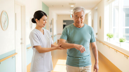 Obraz premium Dedicated nurse helping elderly patient walk again in sunlit rehab corridor