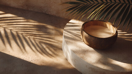Obraz premium Tropical drink in coconut shell on pedestal with palm leaf shadow, warm sunlight, and beige background.