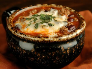 A bowl of homemade chili with kidney beans, ground beef, and melted cheese, garnished with fresh herbs