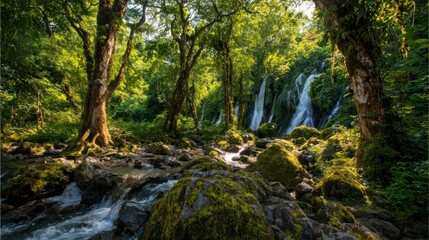 Lush forest stream with cascading waterfalls