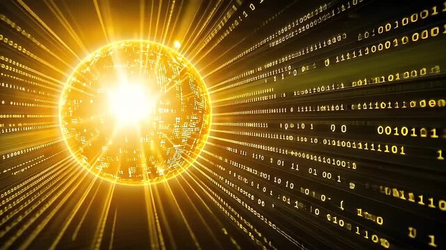 Abstract Digital Sphere Emerging From Data Stream Illuminated With Golden Light in Dark Background