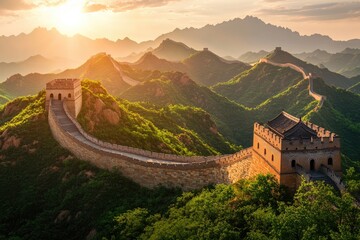 Ancient wall winds through mountain range at sunrise