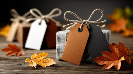 Fototapeta premium Autumn-themed gift boxes with blank tags on rustic wooden table, perfect for seasonal sale promotions, text or logo placement.