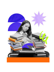 Girl sitting at desk, deeply focused while reading among stacks of books, in colorful art collage...