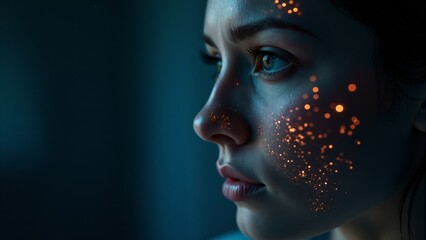 Woman with glowing specks on her face gazing thoughtfully into the distance during a quiet evening at home