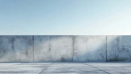 Flat concrete ground stretching into the distance, with a large rough concrete wall in the far background.