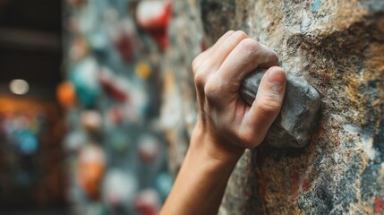 Climber gripping artificial rock climbing wall hold during training session