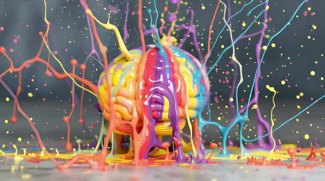 Abstract Human Brain Exploding in Vibrant Paint .Vivid transformation of cosmic brain evolving through explosive galactic colors.