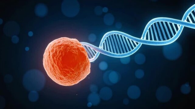 Gene therapy visualization with DNA infusion in orange cell, precision medicine