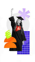 Young woman in graduation gown raises fist in celebration, surrounded by dynamic shapes in collage...