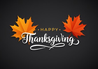Happy thanksgiving day greeting card with autumn leaves and typography vector background design