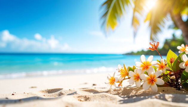 plage de sable blanc, mer turquoise, jolie fleur, ciel bleu, concept de paradis