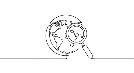 A single-line drawing depicts a magnifying glass examining a simplified world map.