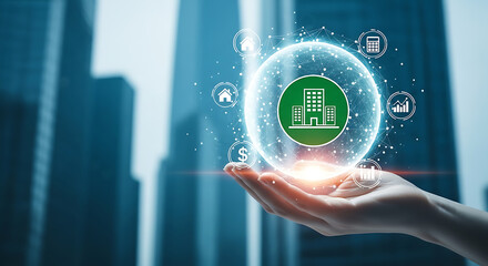 Hand Holding Digital Globe Showing Building Icons and Financial Data