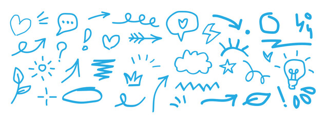 Line marker hand drawn brush arrow element set. Hand drawn line heart sketch marker underline shape, arrow, crown, star scribble brush pen stroke element.
