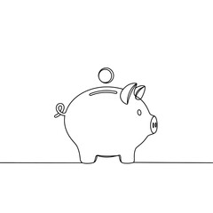 A single-line drawing of a piggy bank with a coin on top, symbolizing savings and financial security.