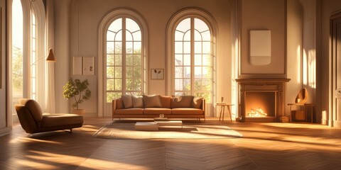 Fototapeta premium Sun-drenched living room with arched windows, a fireplace, and comfortable seating