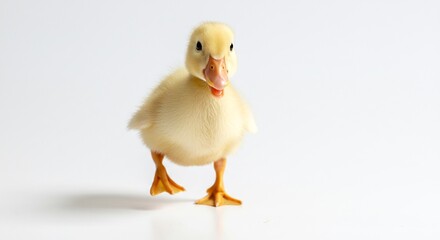 Fototapeta premium Fluffy yellow duckling strides forward against bright white background. AI Generated