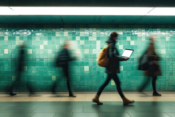 Fototapeta premium Blurry commuters in a teal tiled subway tunnel, a woman with a laptop leading the way