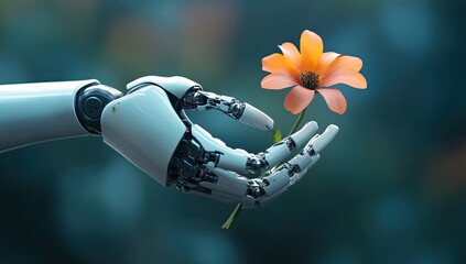 A robotic arm delicately holds a vibrant orange flower