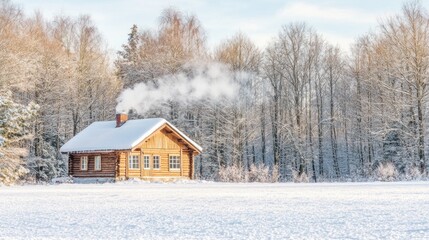Snowy wooden cabin in winter forest. Steam rises from chimney